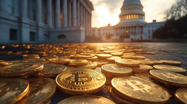 Golden Bitcoins scattered near U.S. Capitol highlighting the intersection of cryptocurrency and traditional finance