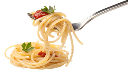 Spaghetti with pasta on fork isolated on white background PNG. AI GENERATED