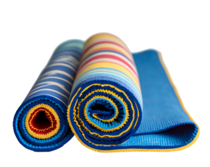 Detailed view of two colorful striped beach mats rolled up on a clean background, showcasing bright summer tones and recreational lifestyle vibes for active leisure moments