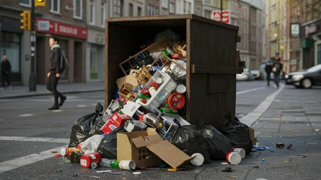 Overflowing Dumpster on City Street - A rusty dumpster overflows with various types of trash