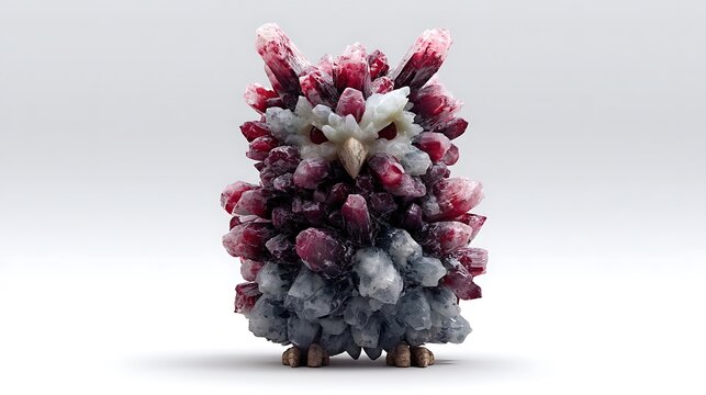 Crystal owl Red & white crystals forming an owl figure on a white backdrop, wooden feet