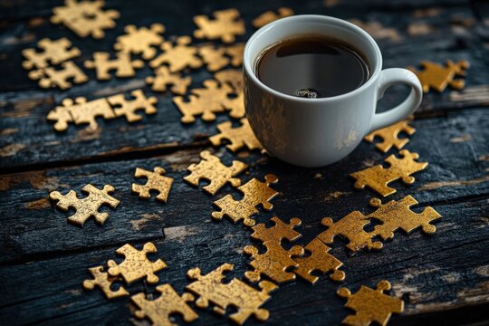 A white coffee cup sits on a table with a pile of jigsaw puzzle pieces. Concept of relaxation and leisure, as the coffee cup and puzzle pieces suggest a casual and leisurely activity - Powered by Adobe