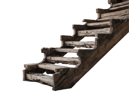 Distressed wooden staircase segment presenting a worn and aged aesthetic, ideal for themes of decay, history, or rustic environments showcased over a dark isolated backdrop