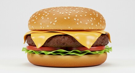Studio photo of a classic cheeseburger with lettuce, tomato, and melted cheese, centered on a pure white background, soft shadows, professional lighting.