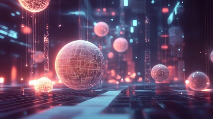 Fototapeta premium Abstract futuristic background with glowing spheres and geometric shapes. Concept for technology, data, and digital world.