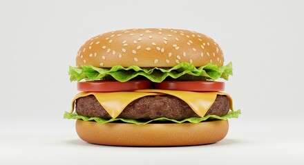 Studio photo of a classic cheeseburger with lettuce, tomato, and melted cheese, centered on a pure white background, soft shadows, professional lighting.