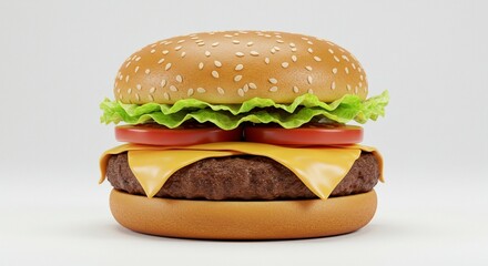 Studio photo of a classic cheeseburger with lettuce, tomato, and melted cheese, centered on a pure white background, soft shadows, professional lighting.