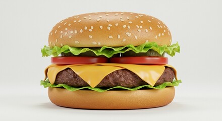 Studio photo of a classic cheeseburger with lettuce, tomato, and melted cheese, centered on a pure white background, soft shadows, professional lighting.