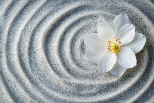 A white flower is placed on a sandy surface, creating a serene and calming atmosphere. The flower's delicate petals and the smooth texture of the sand evoke a sense of tranquility and peace