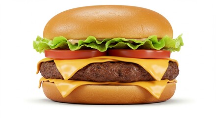 Studio photo of a classic cheeseburger with lettuce, tomato, and melted cheese, centered on a pure white background, soft shadows, professional lighting.