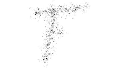 Abstract Particle Dispersion Forming Letter F on White Background