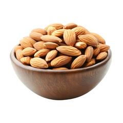 Almonds in wooden bowl isolated on white background