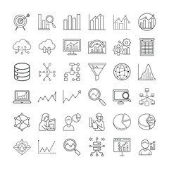 Data analysis set of web icons in line style. Big Data, Business Intelligence, Statistics, Graphs, Charts, and Cloud Computing for Digital Dashboards and Analytics Interfaces.
