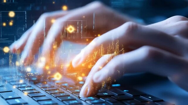 A business professional working on a laptop, Hands typing on a keyboard depicting the essence of digital innovation and data visualization in a tech-driven environment.