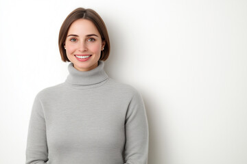 Fototapeta premium A poised woman radiates confidence as she smiles. Wearing a neutral-toned turtleneck, she exudes warmth and approachability, perfect for representing themes of lifestyle and wellness.