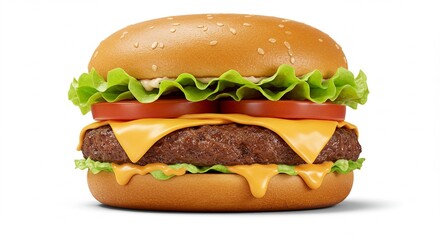 Studio photo of a classic cheeseburger with lettuce, tomato, and melted cheese, centered on a pure white background, soft shadows, professional lighting.