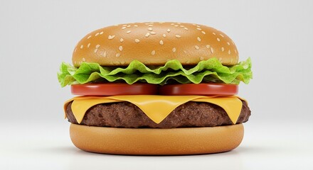 Studio photo of a classic cheeseburger with lettuce, tomato, and melted cheese, centered on a pure white background, soft shadows, professional lighting.
