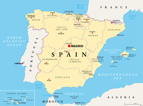 Spain, autonomous communities, political map. First-level administrative divisions with limited autonomy to the 17 autonomous communities and the two cities Ceuta and Melilla. Illustration. Vector