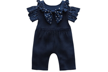 Adorable baby girl s navy polka dot jumpsuit with a big white bow perfect for special on transparent background