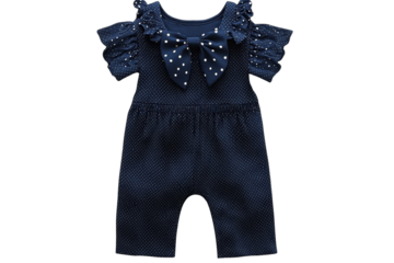 Adorable baby girl s navy polka dot jumpsuit with a big white bow perfect for special on transparent background