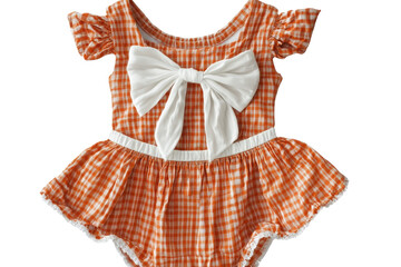 Obraz premium Adorable baby girl s orange gingham dress with a big white bow perfect for summer on a black on transparent background