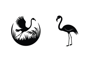 Black Flamingo Silhouettes Flying Landing Elegant Design Minimalist Vector Graphics Illustration