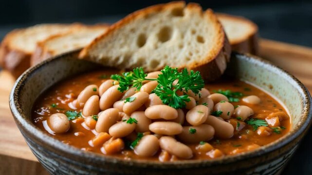 A hearty and warm legume soup in a rustic bowl, topped with beans, fresh parsley, and toasted bread slices. Cozy vibe, comfort food concepts