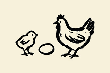 Hen chick and egg sketch — black ink brush minimalist style

