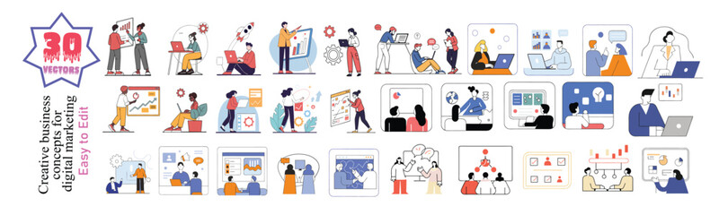 Modern Online Business Scenes: Vector Illustration Set for Startups, Marketing & Teamwork, these include startup planning
online business illustrations, vector business people, startup planning graph