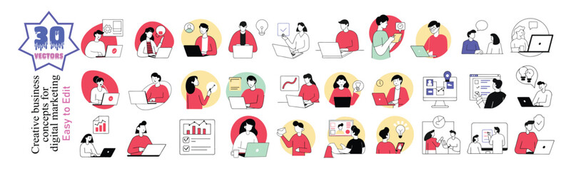 Modern Online Business Scenes: Vector Illustration Set for Startups, Marketing & Teamwork, these include startup planning
online business illustrations, vector business people, startup planning graph