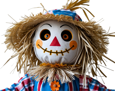 Eerie hollow-eyed scarecrow portrait with straw hat, triangular nose, and stitched smile evokes rustic autumn harvest and spooky halloween imagery, perfect for seasonal themes