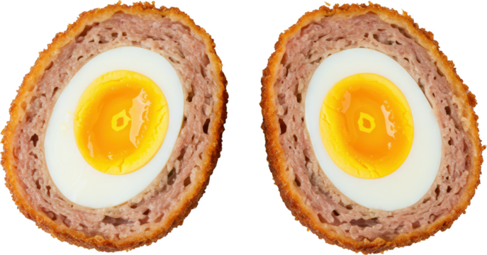 Delicious Crispy Scotch Eggs Two Halves Close up Studio Shot Food Photography British Cuisine
