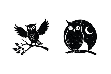 Two Owls Silhouette On Branches With Moon And Stars Vector Illustration