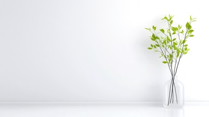 A clear glass vase with green leafy branches on a minimalist white table against a plain wall, and simple and elegant interior design concept.