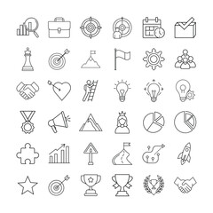 Business and Success Line Icons Set Leadership, Strategy, Goal Achievement, Innovation, Teamwork, Motivation, Marketing, Growth, and Planning Concepts in Minimal Outline Stylty