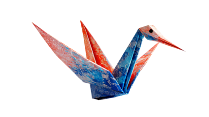 Blue, red paper crane, cut out transparent