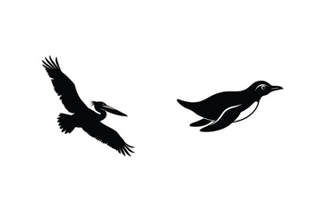 Silhouette Vector Illustration Of A Flying Pelican And Swimming Penguin On White Background