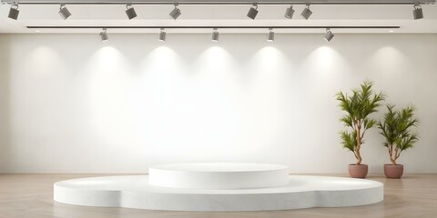 Contemporary Gallery Space: A minimalist gallery space features a pristine, round podium, inviting exhibits. Accentuated by sleek spotlights, potted plants, and a sense of modern artistic elegance.