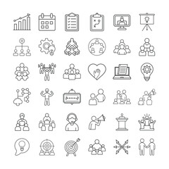 Set of Business Teamwork, Leadership, Collaboration, and Organizational Development Line Icons  Corporate Strategy, Team Building, Innovation, Communication, Training, and Goal Setting Concepts