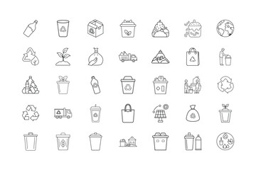 Set of Eco-Friendly and Recycling Line Art Icons Sustainable Waste Management, Environmental Conservation, Trash Sorting, Reusable Items, Composting, and Renewable Energy Symbols