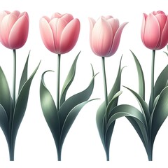Obraz premium Elegant Pink and White Tulip Flowers with Green Leaves – High-Quality Botanical Vector Illustration for Spring Decor and Floral Designs.
