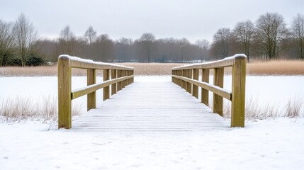 Wooden footbridge over snowy marsh.  A tranquil winter scene with a wooden footbridge spanning a snowy marsh.  The bridge leads to a line of trees