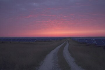A dirt road winds through a vast solar farm at dawn, a vibrant pink and purple sunrise painting the sky