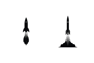 Rocket Ship Silhouette Taking Off And Flying Isolated On White Background