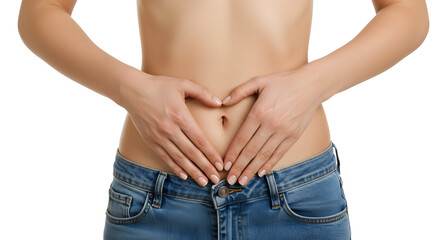 Fototapeta premium Close Up Shot of a Woman's Torso Making a Heart Shape Over Her Abdomen Wearing Jeans in Bright Studio Lighting