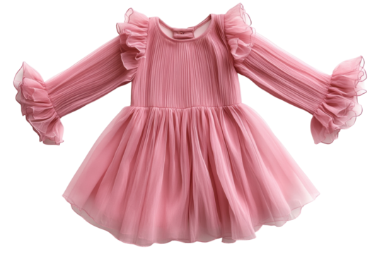 Adorable dusty rose pleated chiffon girls dress long sleeves ruffled details perfect for on transparent background