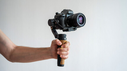 Handheld Camera Stabilizer with DSLR Camera and Wooden Grip for Professional Video Recording