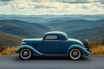 Naklejka premium Classic Blue Car on Mountain Road. A classic blue car is parked with a scenic mountain landscape in the background on a cloudy day.