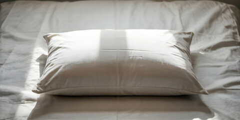 Obraz premium Single White Pillow on a Made Bed in Soft Sunlight