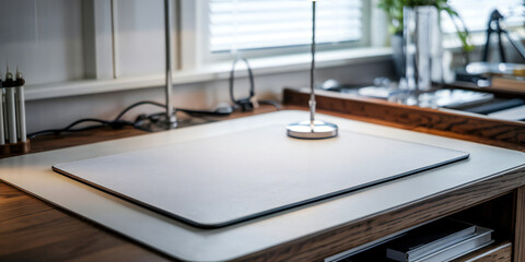 Modern Minimalist Home Office Desk with White Desk Mat and Metal Desk Lamp
